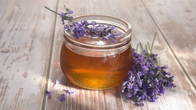 Golden honey with lavender flowers in a sunny day