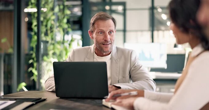 Sustainable, meeting or man in office with laptop, esg growth pitch or discussion on green operation. Digital, mature lead or csr team with tech, conservation proposal or feedback on ethical strategy