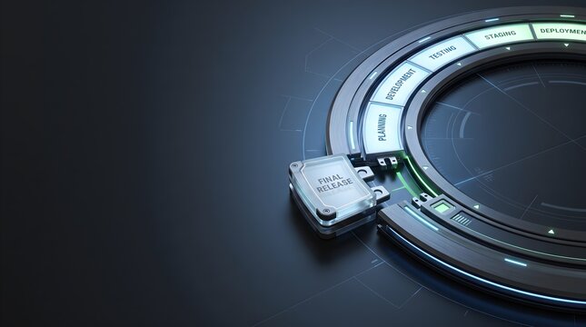 Futuristic software project workflow interface with final release block and development timeline