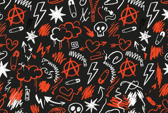 Rebellious punk seamless pattern with hand-drawn doodle illustrations on black