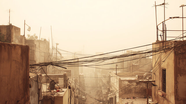 A hazy cityscape featuring interconnected rooftops surrounded by electrical wires, showcasing urban living in a warm atmosphere.