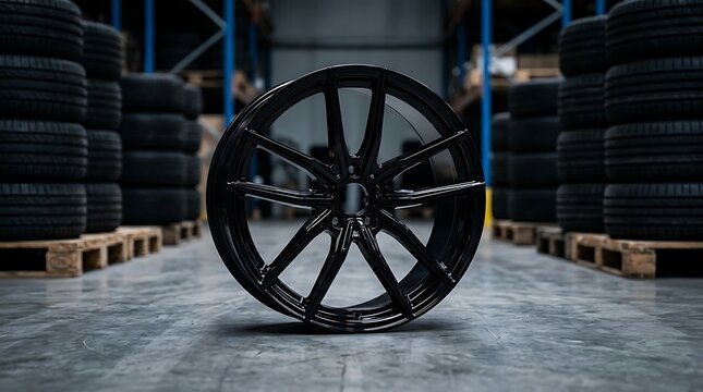 Sleek black glossy alloy car wheel rim in a warehouse setting with stacks of tires