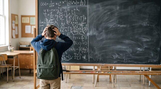 Schoolboy holding his head in front of complex math chalkboard in classroom