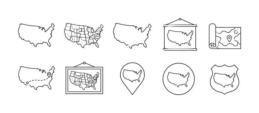 USA Poster Map, line icon set, create 10 clean outline icons in a 5x2 layout showing USA map outline, state border map, national contour, poster map, cartography symbol, travel land shape, political
