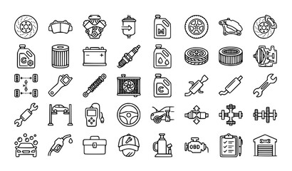 Fototapeta premium Car service outline icon set with engine brake rotor and maintenance vector