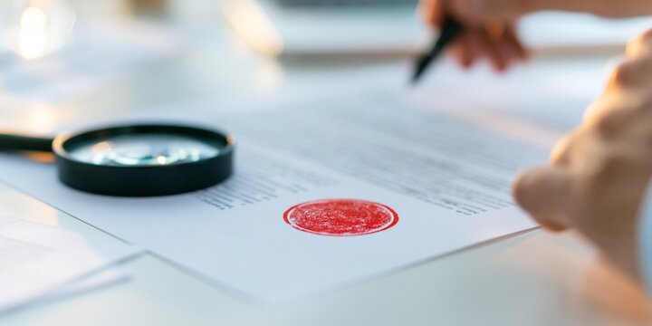Document with red seal and magnifying glass