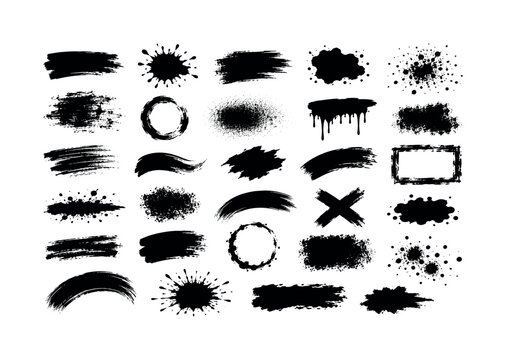 Grunge Brush Marks, solid glyph icon set of 30 fully filled black glyph icons: paint stroke, ink splash, smear, blot, splatter, distress mark, rough brush circle, spray dot, drip, dirty stain, dry