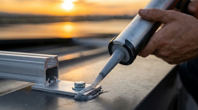 Worker applying sealant to solar panel roof bolts at sunset