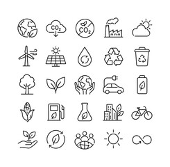 Fototapeta premium Net Zero Climate, line icon set, create 25 clean outline icons for net zero, green energy, CO2 neutral, gas emissions, climate, ecology, recycling, tree, agriculture, environmental technology,
