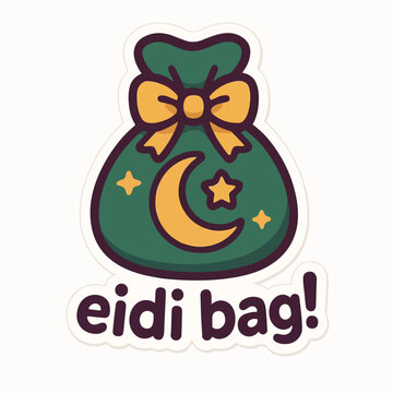Green eidi bag illustration featuring a yellow crescent moon and stars tied with a festive bow for islamic holiday celebrations
