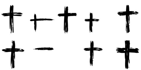 Fototapeta premium Eight black cross marks arranged in two rows of four, each with a rough, hand-drawn texture and varying orientations, set against a plain white background. The style is a monochromatic, high-contra...