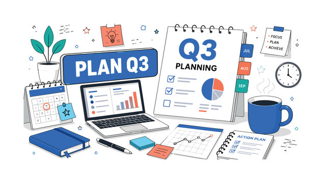 Q3 Planning Workspace. Editorial banner scene with a laptop and notebook on a desk beside an oversized Q3 planning document and giant coffee cup, workspace papers and calendar tabs reaching all edges,
