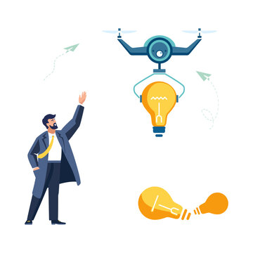 Vector illustrations. Ideas are important for your business, entrepreneurial journey. Delivering new business idea by drone, People, workers girls and boys, creative group analysis. Finance concept
