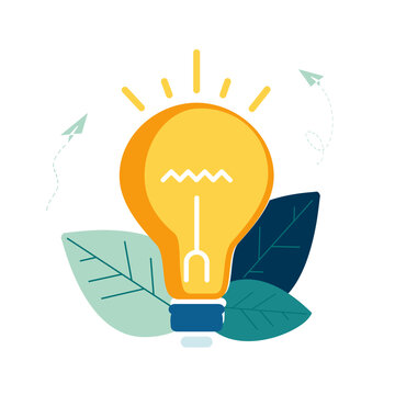 Concept of generating innovative ideas, creative thinking, creativity and imagination. Business idea concept, solution. Idea bulb in colored flat design style on white background. Vector illustration
