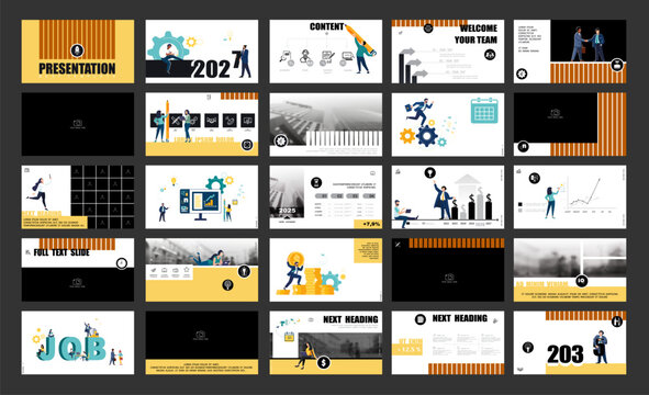 Presentation, powerpoint, launch of a new business project. Infographic design template, yellow elements, black background, set. Team of people creating a business. Mobile app. Vector illustration
