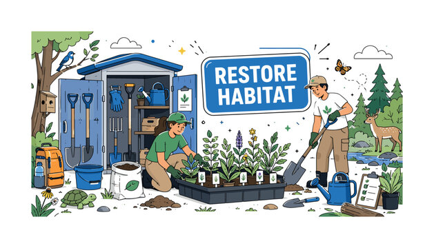 Habitat Restoration Tools. Editorial banner scene for conservation day field project with two volunteers organizing an oversized tool shed and large native plant tray, shovels, gloves, watering can,