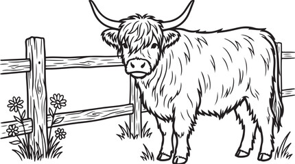Obraz premium Highland cow standing in a grassy field with a wooden fence and flowers isolated on white background