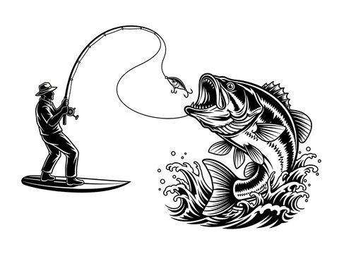 Fisherman on surfboard catching a jumping bass fish, dynamic fishing action scene, detailed illustration