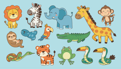 Fototapeta premium Cute cartoon safari and jungle animal characters set collection on a blue background
