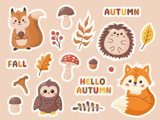 Obraz premium Set of cute autumn forest stickers. Vector illustration 