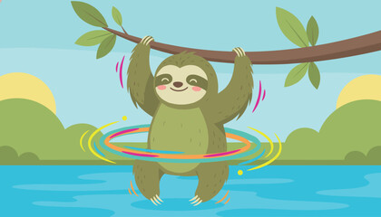 Fototapeta premium Cute cartoon sloth playing with a colorful active hula hoop while hanging on a branch