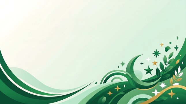 Green abstract background, decorative floral design, starry pattern, wavy lines, St. Patrick's Day theme