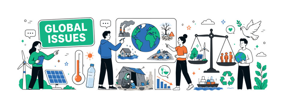 Global Issues Awareness, clean editorial banner scene with 3 geometric civic characters, 2 oversized theme objects showing planet crisis board and sustainability scale, 5 supporting details including