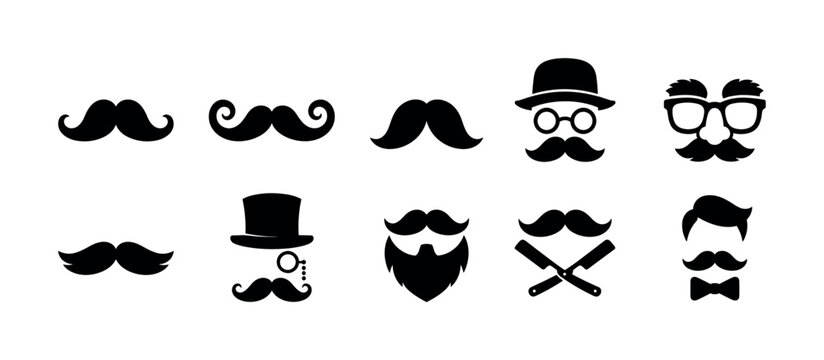 Funny Moustache Mask, solid glyph icon set, create 10 fully filled black glyph icons in a 5x2 layout showing cartoon moustache, curly moustache, father moustache, old man moustache, funny mask, flat