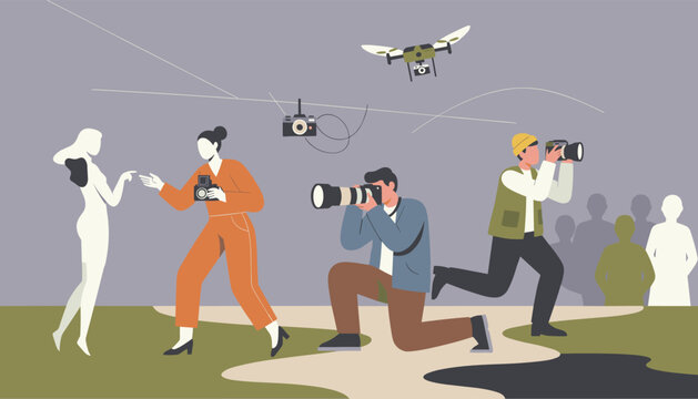 Group of paparazzi photographers taking photos of a model with cameras and a drone