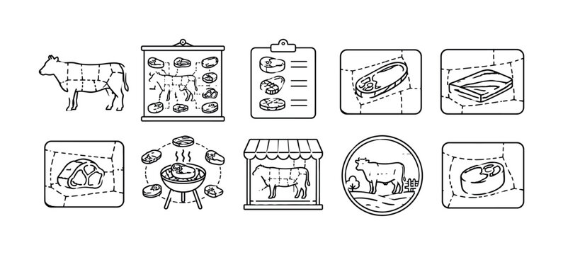 Rustic Cow Guide, line icon set, create 10 clean outline icons in a 5x2 layout showing cow butcher diagram, beef cuts chart, steak guide, sirloin section, brisket section, chuck cut, BBQ meat plan,