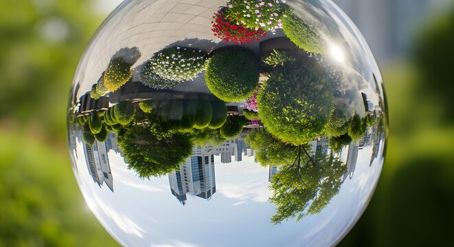 An inverted reflection of a green urban park and city skyline captured through a clear glass sphere on a bright sunny day.