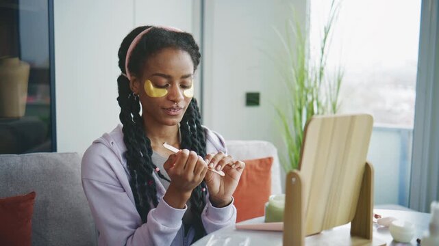 A young woman enjoys a peaceful morning beauty routine while sitting at a vanity table, applying under eye patches and filing her nails in a stylish apartment filled with soft natural light
