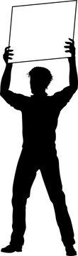Protestor or demonstrator at a demonstration march, picket line or strike protest rally in silhouette. Holding up a banner or picket sign board placard.
