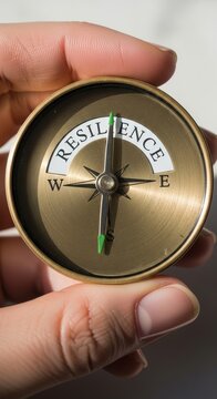 Mental Health Workplace Concepts. Hand holding vintage brass compass with resilience text on dial showing direction symbolizing strength and perseverance in personal and professional journey