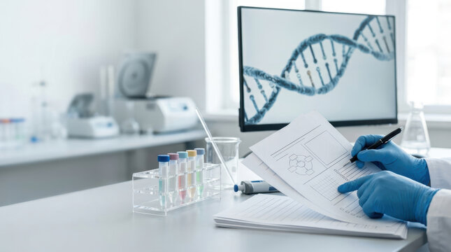 Laboratory research composition studies with gloved scientist reviewing sample data in bright medical lab