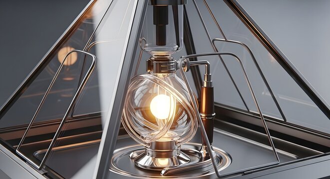 Sophisticated glass siphon coffee maker featuring a metallic pyramid frame and a warm internal glow.