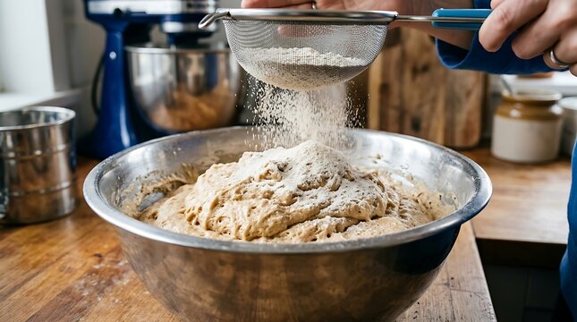 Person sifting flour through a sieve into a metal bowl with dough for baking in a kitchen