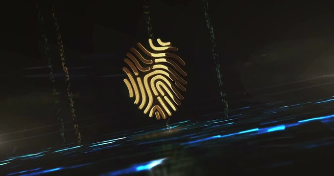 Fingerprint biometric identity and security protection shine symbol on green digital background. Abstract 3d golden metal glowing icon animation.
