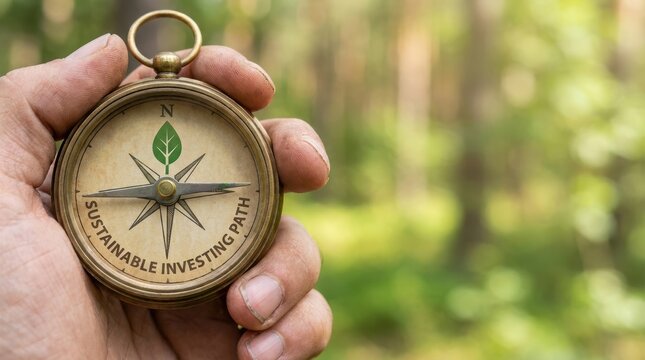 Sustainable finance growth Concepts. Hand holding vintage compass with green leaf symbol and sustainable investing path text in natural forest background concept