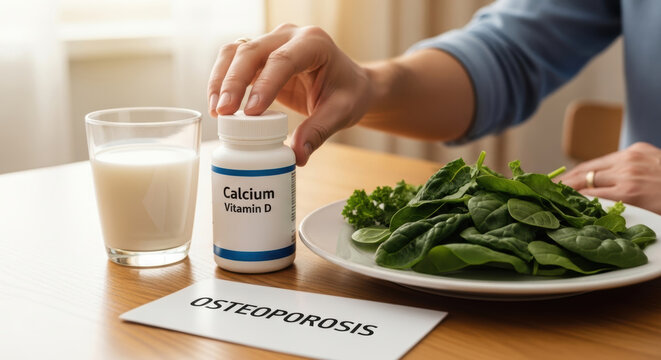 Calcium vitamin d osteoporosis milk spinach supplement hand table healthy bone support