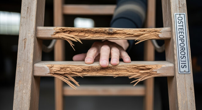 Fragile wooden ladder hand and osteoporosis health concept with broken step and support