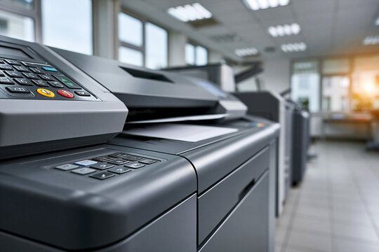 Office printers in a busy workspace during the day