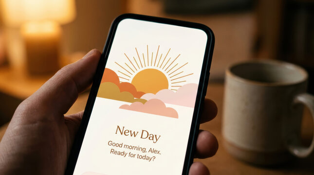 New day greeting on smartphone screen with sun and clouds illustration showing ai chat message for morning motivation