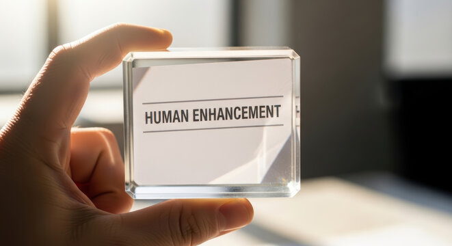 Biohacking longevity research human enhancement in glass cube with hand in sunlight