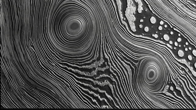Raindrop Damascus steel pattern texture in high contrast black and white. Detailed macro background of forged metal wavy lines, circular steel ripple structure, abstract industrial alloy texture.