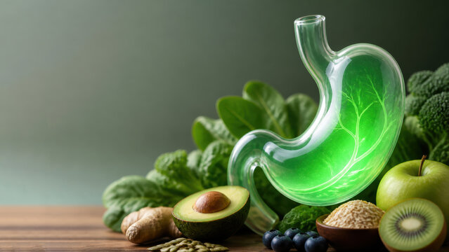 Stomach health nutrition science personalized green food still life