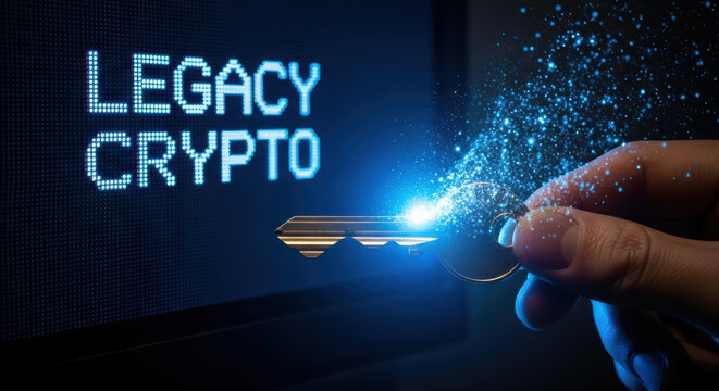 Legacy crypto key with digital particles held by hand near screen with cybersecurity quantum threats concept