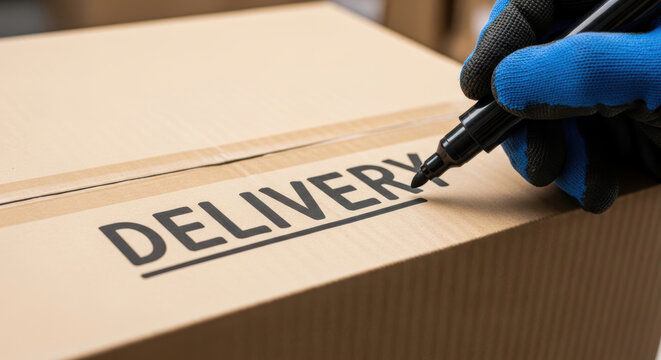 Delivery box package shipping logistics order parcel warehouse hand in glove marking cardboard box with delivery label