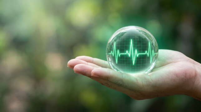 Diabetes management innovations in hand with glowing health sphere and heartbeat line