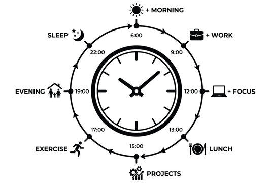 Daily schedule circular diagram showing work sleep exercise and projects.